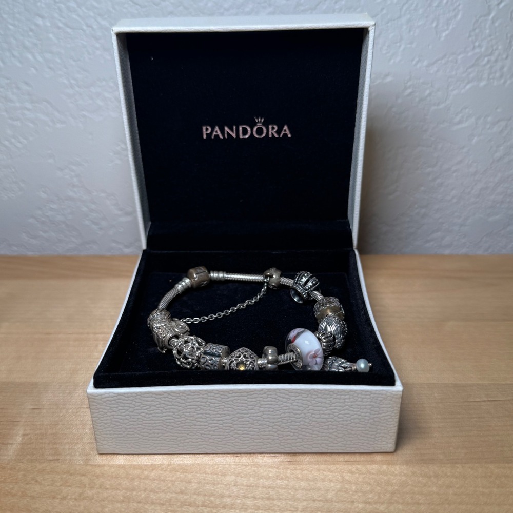 Pandora Sterling Silver Charm Bracelet with 13 Charms Safety Chain and Box